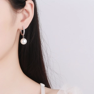 French style 925 silver hoop earrings with micro-pave diamonds and elegant white pearls