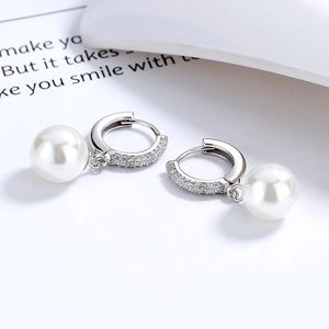 Elegant 925 sterling silver hoop earrings with shimmering zircons and white round pearls