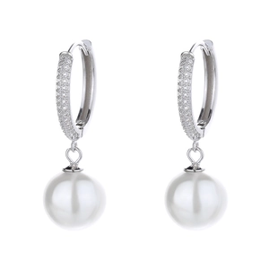 French style 925 silver hoop earrings with pave diamonds and white pearl pendants