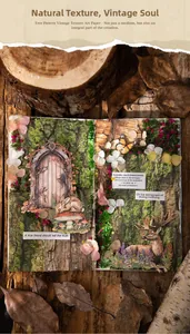 Makro-Detail von Vintage-Scrapbook-Papier mit Waldtextur und Hirschmotiven im Retro-Stil