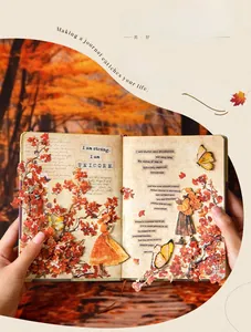 Close-up of vintage autumn scrapbooking layout with maple leaves and butterfly stickers