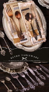 Dettaglio di adesivi vintage per posate europee in bronzo e argento per decorazioni scrapbooking