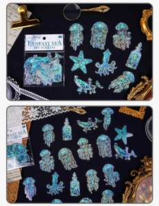 Détail des autocollants PET Fantasy Sea avec méduses et accents dorés en film laser