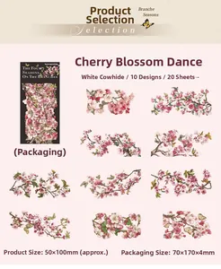 Macro detail of cherry blossom and butterfly stickers with white kraft paper texture