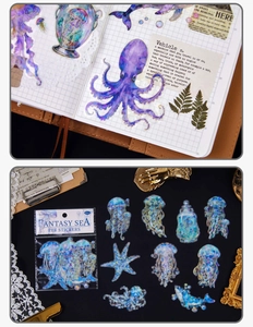 Détail d'autocollants PET océan avec méduses et baleines pour décoration de scrapbooking