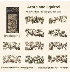 Retro acorn and squirrel stickers detail with product dimensions on kraft paper