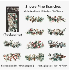 Winter themed white kraft paper stickers featuring pine needles berries and birds 20 sheets