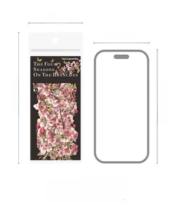 Detailed size comparison of cherry blossom stickers with iPhone 15 dimensions