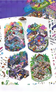 Detail of 2.5D isometric scenery stickers featuring aquarium and laboratory themes