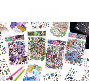 Macro detail of miniature 3D architectural stickers for creative journaling decor