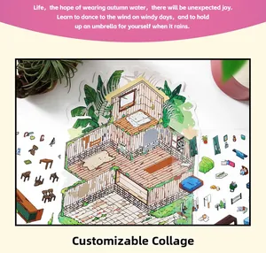 Macro detail of DIY 2.5D home scene stickers with miniature furniture and hand-drawn decor