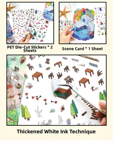 Detail of 2.5D miniature PET stickers with thick white ink and life scene scene card