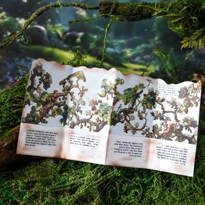 Vintage botanical cards with squirrel and oak motifs on a mossy branch in a forest