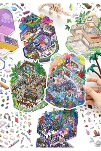 Detail of 2.5D isometric scenery stickers featuring starry rooms and forest cabins for DIY