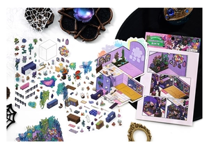Detailed DIY magic practice room scene stickers with fantasy decor and 3D background
