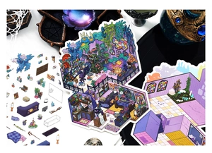 Macro detail of witch-themed 3D miniature stickers showing workshop elements and accessories