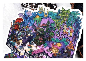 Close-up of magical botanical garden stickers with intricate hand-drawn plant illustrations