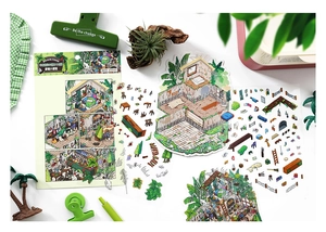 Detail view of miniature bistro diorama stickers for scrapbooking on white backdrop