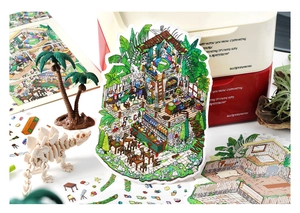 Detail of colorful treehouse 3D miniature stickers and creative stationery props