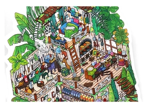 Detailed cross-section illustration of a forest cabin sticker with intricate interior rooms