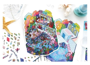 Macro shot of undersea scene stickers featuring fantasy coral houses and ocean furniture