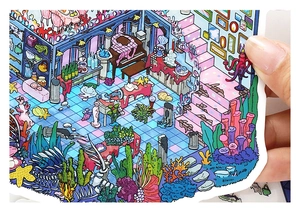 Detailed close-up of a 3D miniature ocean scene sticker with shells and coral patterns