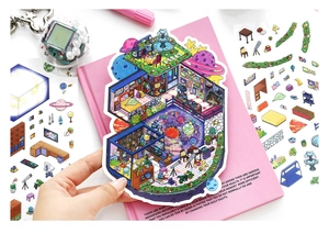 Macro detail of large 2.5D isometric spatial sticker for DIY creative journaling decor