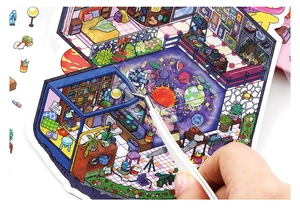 Macro shot of 2.5D miniature space-themed sticker for isometric scrapbook decoration