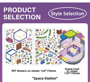 Macro view of Space Station DIY sticker kit with PET sheets and scene background cards