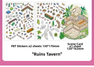 Detailed view of PET scenic stickers and scene card with 2.5D miniature bistro theme