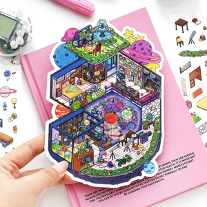 Large isometric miniature house sticker with dreamy rooms for journaling and scrapbooking