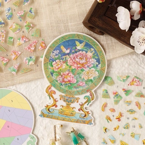 Artistic Chinese style puzzle set with peony flowers and birds on light linen background