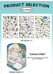 Lot de stickers PET détaillé thème Lemon Villa avec 3 feuilles et une carte décor