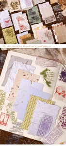 Detalle de papel para scrapbooking vintage con texturas en capas y patrones retro