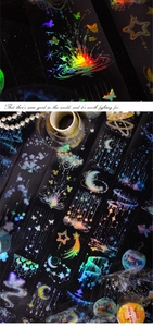 Détail macro de ruban adhésif PET holographique avec motifs de papillons irisés