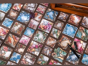 Macro detail of vintage floral border stickers with torn edge texture for journaling