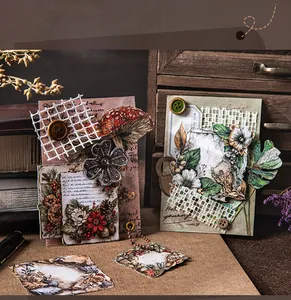 Macro view of vintage collage scrapbooking material with floral and mushroom motifs