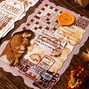 Pack de pegatinas de scrapbooking café vintage con ilustraciones retro sobre madera