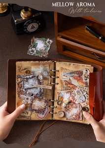 Detail of vintage scrapbooking stickers with butterflies and floral motifs in a leather journal