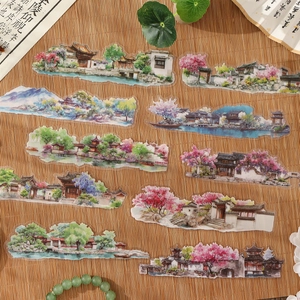 Classic Chinese garden landscape stickers with watercolor architecture and floral motifs