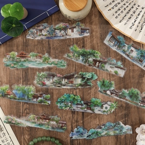 Chinese ink landscape stickers with garden architecture and bamboo forest patterns