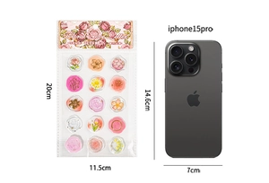 Floral wax seal stickers pack sizing 20x11.5cm compared to an iPhone for scale