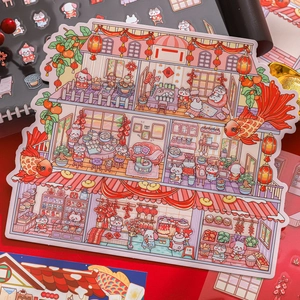 Miniature Chinese New Year building stickers featuring cats, lanterns, and koi fish motifs