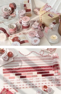Detailed view of red PET masking tape set with hearts and New Year patterns for DIY scrapbooking