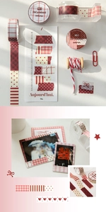 Macro view of red patchwork washi tape with grid and dot patterns for journaling