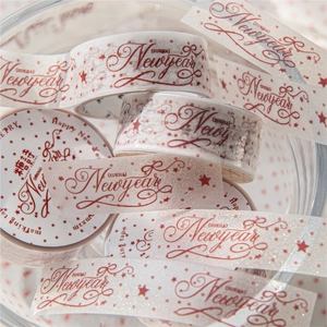 Sparkling New Year PET decorative tape with red calligraphy and shimmering glitter effect