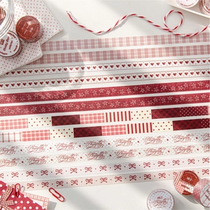 Red and white PET sand gold masking tape set with various heart and plaid patterns