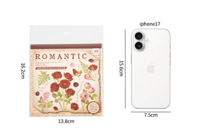 Detailed size comparison of PET floral stickers next to a smartphone device