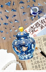 Detail view of Chinese style blue and white porcelain PET stickers for DIY scrapbooking craft