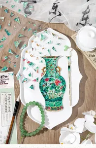 Macro shot of Chinoiserie PET stickers set showing Douqing glaze porcelain vase with bird motif